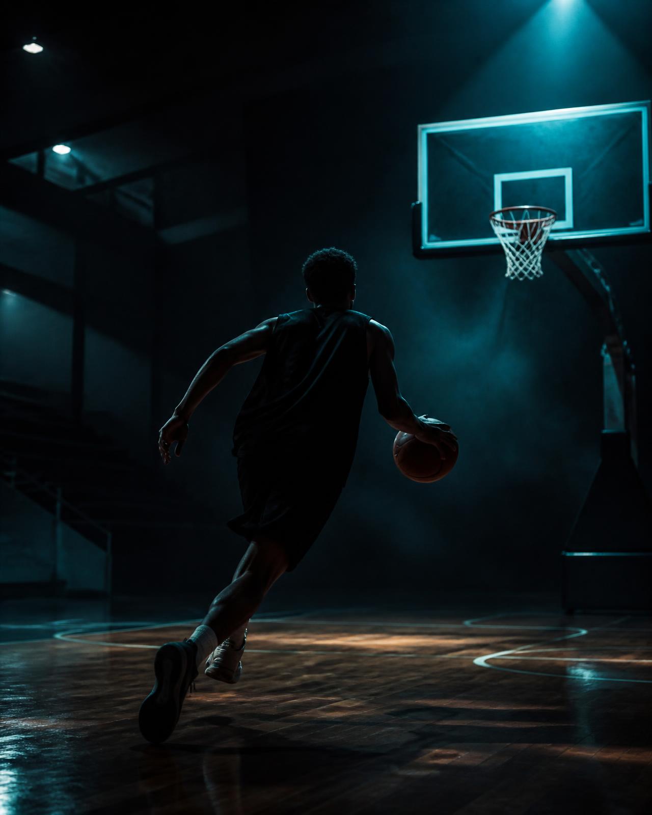 Karanlık salonda topla hücuma çıkan genç basketbolcu